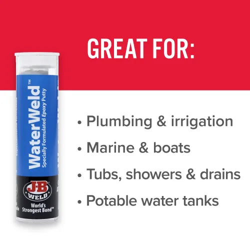 J-B WaterWeld™ Epoxy Putty - Specially Formulated Epoxy Putty for Plugging or Sealing Leaks In Water Tanks And Other Plumbing Repairs 2 oz SKU: 8277 J-B WaterWeld™ Epoxy Putty - Specially Formulated Epoxy Putty for Plugging or Sealing Leaks In Water Tanks And Other Plumbing Repairs 2 oz SKU: 8277